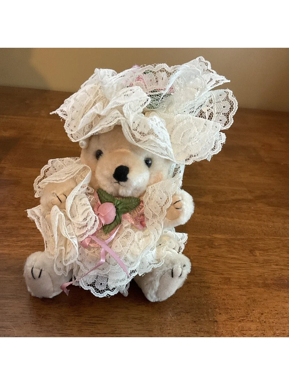 Vintage White Plush Toy Teddy Bear Beige Lace Dress Stuffed Animal 9 Tall